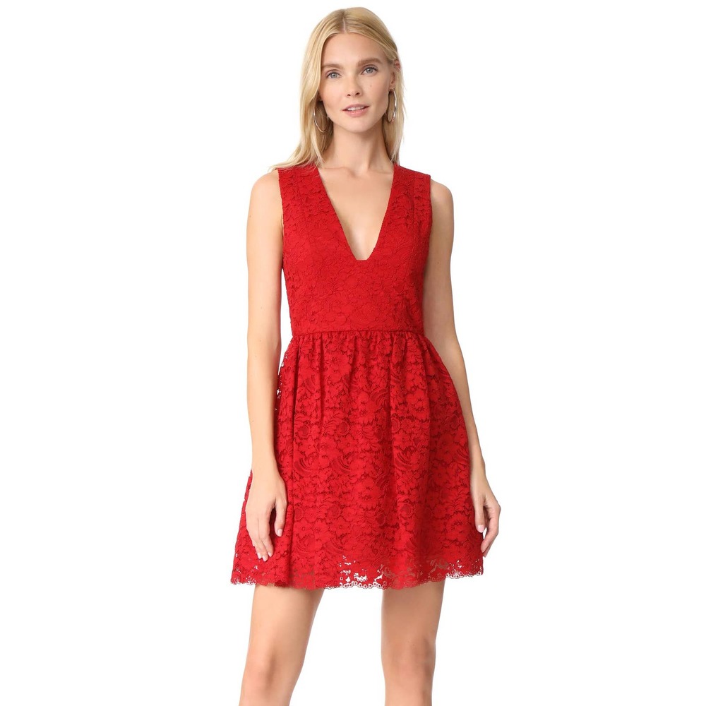 Alice + Olivia Kappa Lace Party Dress Deep V Exposed Zipper Deep Ruby 10